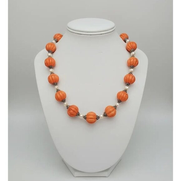 Sterling Silver Pumpkin Coral Baroque Pearl Strand Necklace, 20" Long - Picture 1 of 9